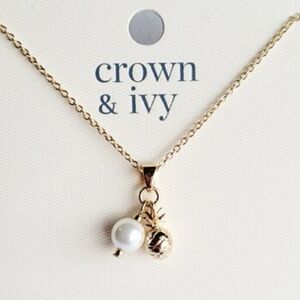 Crown & Ivy Gold Tone Faux Pearl Pineapple Charm Necklace 18” NWT
